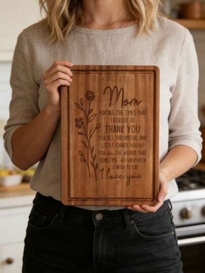 1pc "MOM, I LOVE YOU" Heartwarming Heart Shaped Sabili Wood Cutting Board, Mother's Day, Grandmother's Birthday Gift, Anniversary, Birthday Present, High Quality Bamboo Chopping Board, Kitchen Supplies, Monthly Family Gift, Housewarming Gift