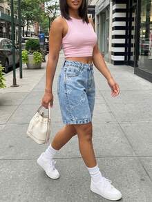 Shorts vaqueros de mujer con estampado de lazo, casuales para el verano - Lavado ligero - Ver 5
