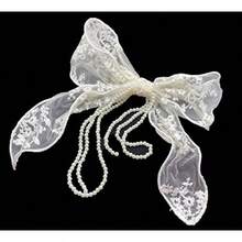 3 Pieces Lace Bow Pearl Chain Hair Clips Flower Embroidery Non Slip Hair Bow Barrettes For Women And Girls White Beige Black - 白色 - 查看 2
