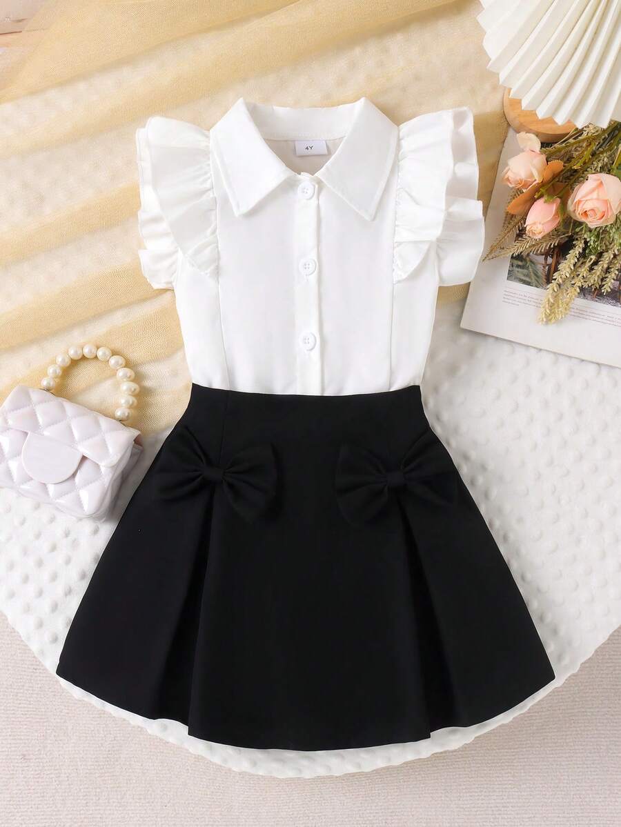 2pcs/Set Young Girl' Cute Ruffle Trim Sleeveless Top And Bow Decor Skirt Set, Summer - Black - View 1