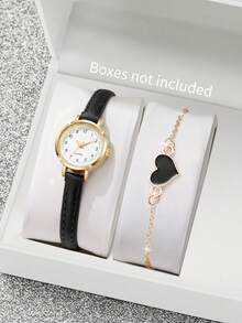 Bộ 2 chiếc đồng hồ quà tặng cho nữ, mặt số tối giản cổ điển, đồng hồ đeo tay thạch anh thanh lịch + vòng tay hình trái tim (Không bao gồm hộp đồng hồ) - màu đen - Xem 10