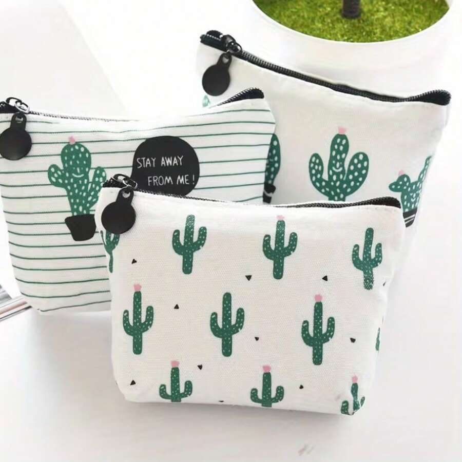 Bộ 3 món túi vải bố tươi mới, ví đựng tiền xu hình tam giác xương rồng, ví nhỏ, móc khóa, túi đựng tai nghe mini dành cho nữ. - Nhiều màu - Xem 1