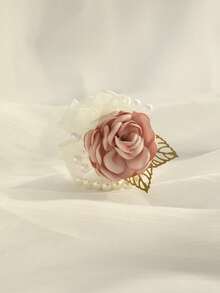 1pc/6pcs Elegant Rose Flower With Lace Petals, Beaded Leaves Decor, European & Korean Style Pearl Chain Wrist Corsage, Suitable For Bride, Bridesmaid, Mother Of The Bride, Wedding, Party, Anniversary, Corporate Event,Summer,Beach,Festival,Birthday - Baby Pink - View 4