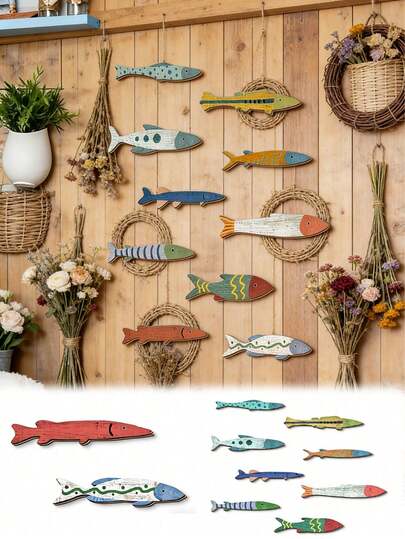 10pcs/Set 2D Colorful Wooden Tropical Fish Wall Decor, Countryside Style, Mediterranean Style Creative Fish Wall Stickers, Wooden Fish Group Coastal Wall Decor, Ocean Theme Bathroom Wall Hanging Gifts
