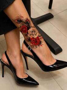 4 Sheets Big Size Body Art Temporary Tattoo Stickers For Women, Red Black Flowers Feather Butterfly Mixed Pattern, Waterproof Fake Tattoo, Lasts 2-5 Days, Covering Scars,Can Be Used On Arms Wrist Shoulders Legs Waist Neck Hand Chest Thighs Finger Ankle, Suitable For Parties, Gifts, Vacations, Body Decoration,Sketch Style - Multicolor - View 4