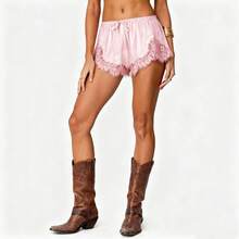Boho Women's Lace Trim Satin Silk Shorts Shiny Elastic Waist Mini Shorts Pettipants Half Slip Shorts French Knickers Boyshorts For Dresses Full Coverage Underwear Lounge Pants - FJ305-粉紅色 - 查看 3