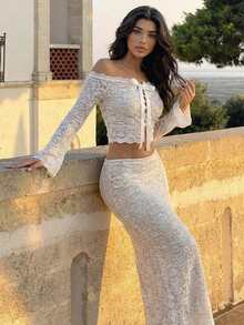 Women's White Lace Off-Shoulder Bell Sleeve Crop Top & Beige Mini Skirt Set, Sum/Aut Vacation Party Club Back School/College - White - View 7