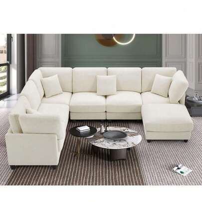 1PC, Modular Combination Sofa, L-Shaped Sofa For 7 Seats, Sectional Sofa Couches, Free Combination, Removable Modules With Wooden Legs And Upholstery, U-Shaped Sofa For Living Room And Office, Large Space, Living Room Furniture, Home Decor, Beige