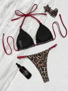 Bộ bikini nữ họa tiết da báo với vòng trang trí hình trái tim. Thiết kế cúp ngực tam giác, dây mảnh, ngọt ngào và thời trang. Thích hợp cho kỳ nghỉ. - Nhiều màu - Xem 5