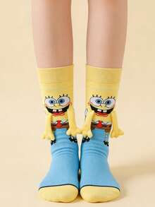 SpongeBob SquarePants 1/2 Đôi tất nam châm dài đến bắp chân hiệu SquarePants, kiểu dáng hoạt hình dễ thương độc đáo, dành cho cặp đôi/bạn thân, phong cách Nhật Bản & Hàn Quốc, mùa xuân/thu mới. - Nhiều màu - Xem 5
