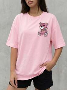 Women's Pink Teddy Bear Graphic Round Neck Casual Street Style T-Shirt - Pink - View 7