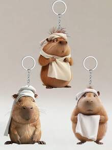 3pcs Funny Capybara With Bath Towel Acrylic Keychain, Lovely Bag Charm Key Chain Accessory - Kapibala Towels - View 4
