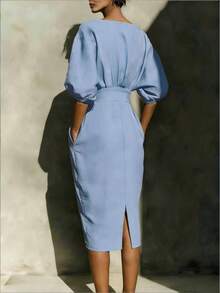 Gaun Kasual Elegan Warna Biru dengan Kerah Bulat, Lengan Pendek, Panjang Sedang, Saku Samping, Belahan Belakang, Cocok untuk Pesta, Acara Formal Bisnis, Pernikahan, dan Pakaian Kantor Musim Panas - Baby Blue - View 2