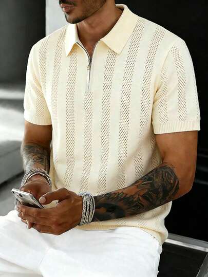 男士四分之一拉链针织衫，休闲通勤街头风，百搭修身户外简约春秋季polo衫针织衫短袖