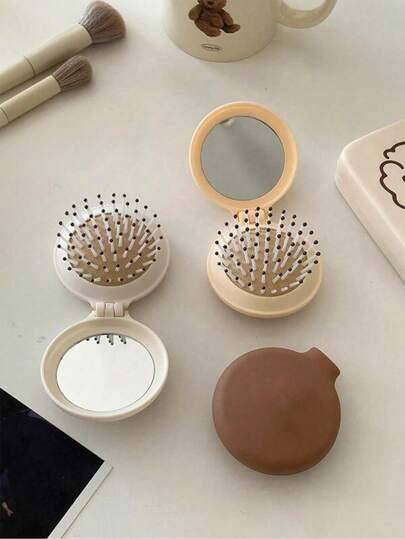 1pc/3pcs Women's Macaron Air Cushion Comb Travel Folding Mirror Hair Brush Round Folding Pocket Size Hair Brush Mini Hair Comb Compact Travel Hair Massage Comb Women Girls Hair Styling Tool Travel Essential Accessories Outdoor Office Back To School