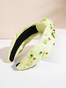 1pc Summer Fashion Korean Style New Candy Flower Gem Pearl Knotted Wide Headband, Cute & Suitable For Girls Traveling & Vacation Wear,Festival,Party - Green - View 2