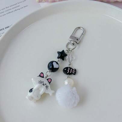 1pc Unisex Cute Black Cat Eating Fish Pom Pom Beaded Pendant