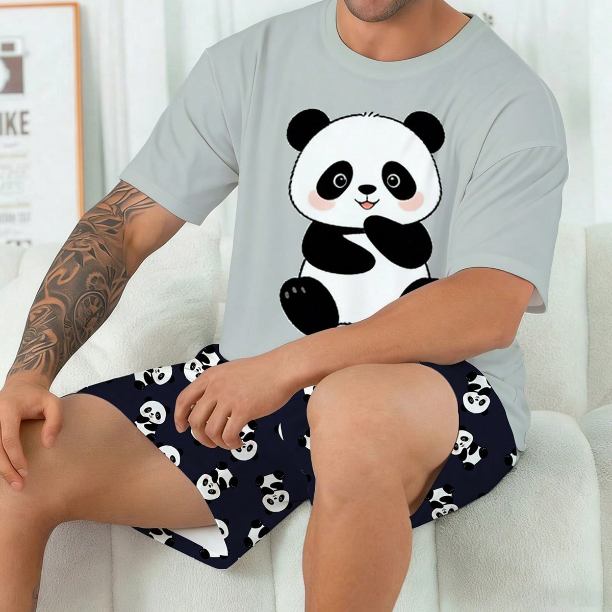 Conjunto de pijama para hombre talla grande Parte superior de cuello redondo y manga corta y pantalón corto casual con cintura elástica, conjunto de