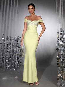 Sexy One-Shoulder Square Neck Sleeveless Sparkling Rhinestone Bodycon Mini Dress, Suitable For Dates, Singles Parties, Gatherings, Balls, Graduations, Galas, Weddings, Formal Occasions, Evening Gowns - Light Yellow - View 6