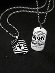 suteyi Men's Dog Tag Cross Necklace, Double-Sided Engraved American Flag And Bible Verse Pendant, Christian Baptism Jewelry Gift - Silver - View 2