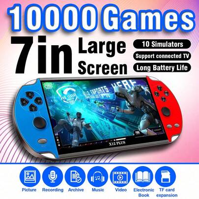 1台全新多功能掌上游戏机，预装10000款经典复古游戏，10款PS1/GBA/FC模拟器，7英寸大屏幕，支持电视连接、游戏存档、照片/音频/音乐/视频/电子书播放，复古双摇杆设计，是节日和生日的理想礼物。