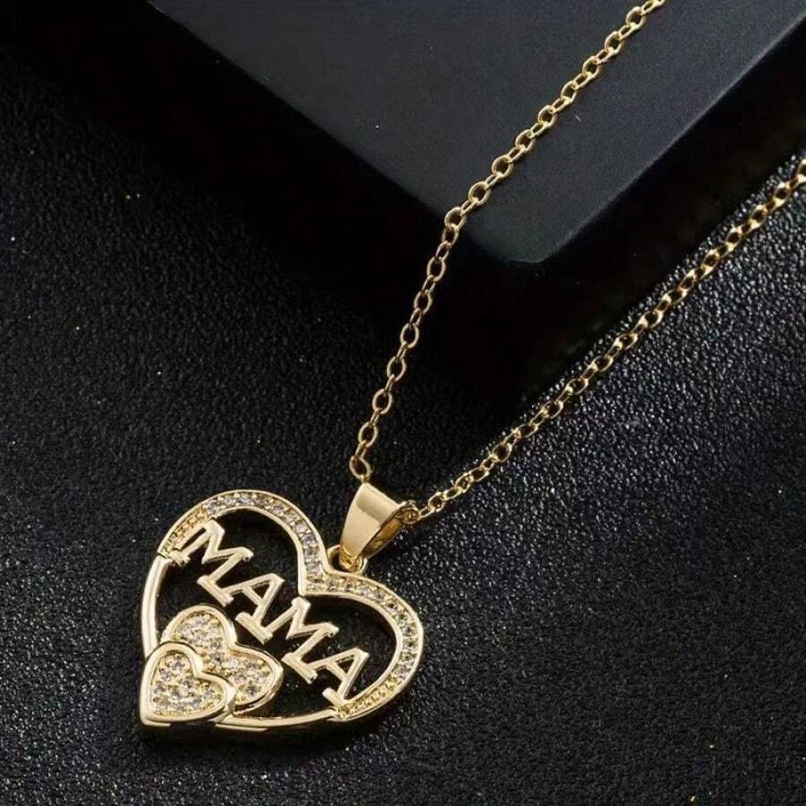 Dây chuyền mặt hình trái tim, quà tặng Ngày của Mẹ và sinh nhật, dây chuyền choker thanh lịch tối giản, dây chuyền mặt hình trái tim MAMA mạ vàng, mặt dây chuyền hình trái tim đôi đính đá CZ, quà tặng Ngày của Mẹ. - mặt dây chuyền mẹ - Xem 1