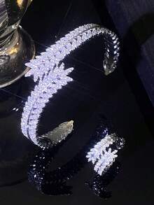 Leaf Criss-Cross Zirconia Wheat Adjustable Bracelet Set, Fashionable And Elegant For Daily Wear, Suitable For Parties And Banquets - Silver - View 9