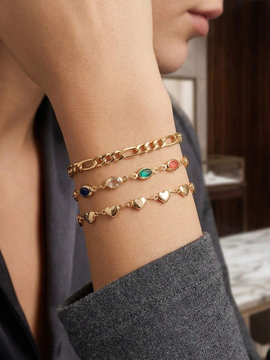 3pcs/Set Fashionable Designed Bracelet Set, Versatile Plain Chain Combination Jewelry Suitable For Women's Daily Wear And As Elegant Gift, Handmade Chains Customized In Random Length And Bead Quantity - Multicolor - View 1