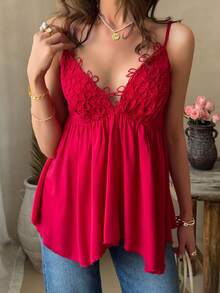 PoPoHouse Women's Summer Sexy Hot Girl Red Lace V-Neck Loose Cami Top For Loungewear Beach Vacation Daily Outings Parties Date Night - Red - View 10