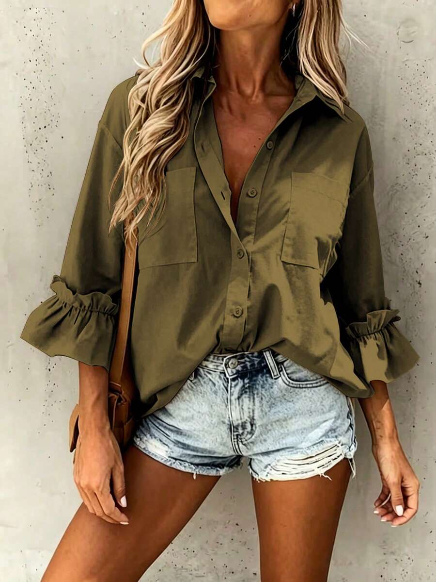Casual Minimalist Charming Fashion 3/4 Sleeve Button Collar Shirt, Minimalist 3/4 Sleeve Ruffle Cuff Blouse, Women Spring - Army Green - View 1