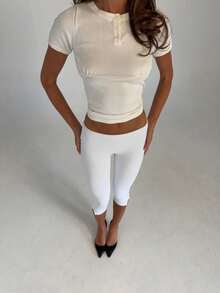 Women Fold Over Capri Pants Low Rise Knee Length Stretch Yoga Leggings Y2k Going Out Crop Pant Streewear - White - View 5