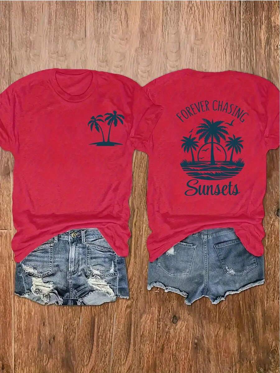 100% Cotton Unisex Round Neck Short-Sleeve T-Shirt With Palm Tree And Sunset Pattern, And The Words "FOREVER CHASING Sunsets" On The Back. Summer Wome - 紅色 - 查看 1