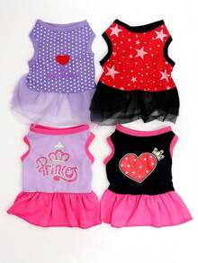 4pcs Pet Clothes Cat/Dog Summer Mesh Dress, Star & Heart Pattern Design, Soft & Breathable Polyester Pet Skirt, Suitable For Medium Small Cats & Dogs - S - 查看 9