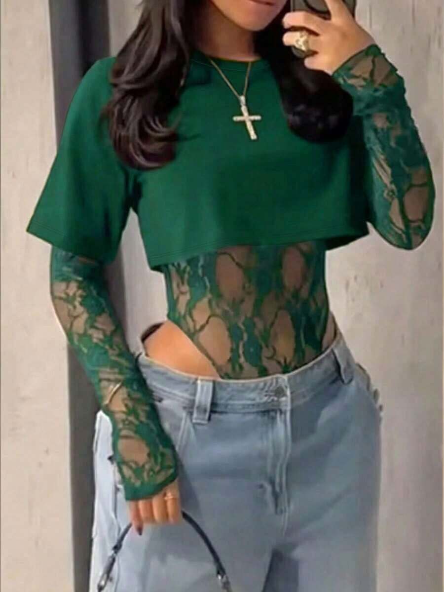 Body entero de encaje transparente para mujer, manga larga tul estampado floral, estilo sensual elegante, ideal para uso diario, citas, fiestas y espectáculos primavera verano - Verde - Ver 1