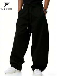 Men's Solid Color Drawstring Waist Pocket Casual Loose Sweatpants, Black Loose Sweatpants - Black - View 9