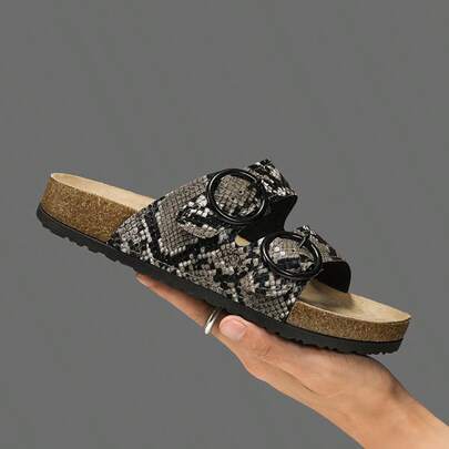 Dép xăng đan mùa hè dành cho nữ, đế bằng nút bần mềm mại, kiểu dáng mới và đa năng, dép xỏ ngón dày dặn chống trơn trượt, họa tiết da báo gợi cảm, khóa tròn, giày đi biển chống thấm nước.