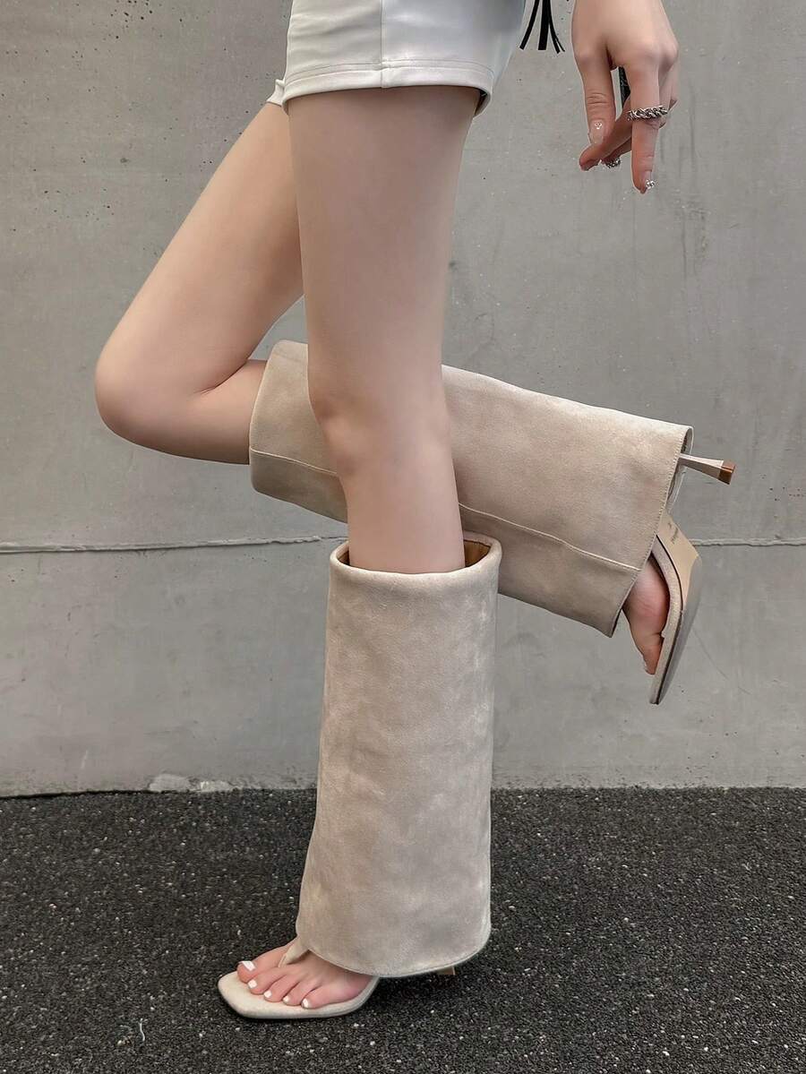 Giày bốt cao đến đùi kiểu retro gót nhọn xếp ly mới năm 2025, mũi nhọn, cao quá đầu gối. - Màu Khaki - Xem 1