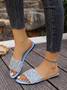 Women's Flat Sandals, New Pearl Decor Casual Open Toe Fashion Beach Shoes - Baby Blue - View 4
