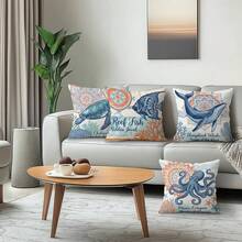 4 Stücke Boho Meereskreatur Illustration Pfirsich Samt einseitig bedruckte Kissenbezüge, 100% Polyester, Wohnzimmer Sofa Schlafzimmer Dekoration, Atmosphäre Stil, ohne Kissenfüllung, 40x40cm/45x45cm/50x50cm - Mehrfarbig 03 - Übersicht 1
