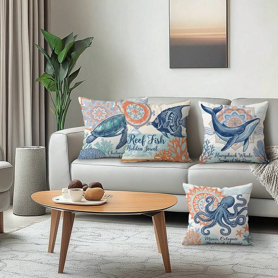 4 Stücke Boho Meereskreatur Illustration Pfirsich Samt einseitig bedruckte Kissenbezüge, 100% Polyester, Wohnzimmer Sofa Schlafzimmer Dekoration, Atmosphäre Stil, ohne Kissenfüllung, 40x40cm/45x45cm/50x50cm - Mehrfarbig 03 - Übersicht 1