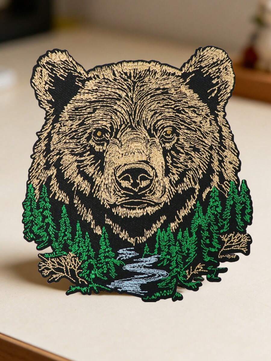 1pc Brown Bear Head Embroidered Patch, Forest Nature Pine Tree River Iron-On Applique, Large Grizzly Bear Badge Suitable For Jacket Backpack Clothing Decor - Multicolor - View 1