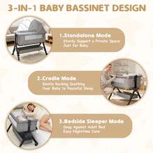 3-In-1 Crib Side Bassinet, Bedside Crib, Baby Bassinet With Storage Basket And Mosquito Net, Easy To Fold Bedside Adjustable Height Portable Crib For Infant/Baby/Newborn, Good Thing For Child Growth, Baby Need,Baby Stuff, Essential For New Mothers,Newborn Gift,Baby Christmas Gift - 灰色 - 查看 5