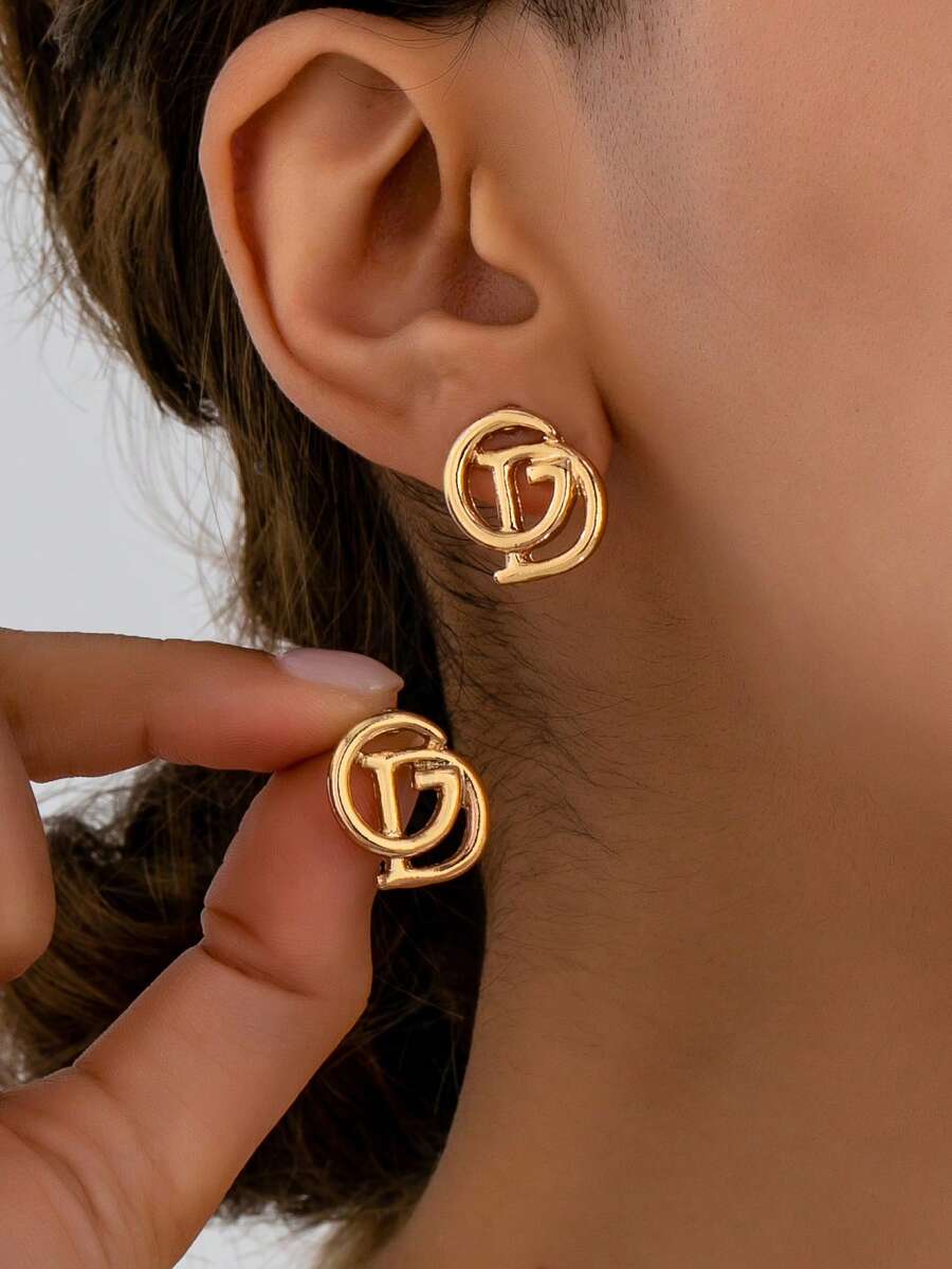 1 par de elegantes pendientes minimalistas con diseño de letra, joyería francesa lujosa y elegante para mujeres, adecuada para uso diario, vacaciones, citas, fiestas, festivales y eventos - Dorado - Ver 1