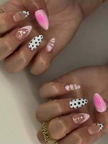 24片杏仁形黑色波点法式美甲贴纸，粉色渐变设计完美贴合指甲，亚克力假指甲套装包含：1片果冻凝胶和1个指甲锉，波点美甲和情人节美甲，适合女性日常佩戴和节日美甲。 - 彩色 - 查看 3