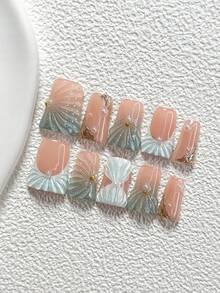 10Pcs Ocean Fairy Tale Style Handmade Nail Art Set,Unghie Press On,Pearl Nail Art Accessories,Stripe Nail Art Decorations,Mint Green And White Nail Polish,Fresh Summer Style,Comes With Nail Tools(1 Sheets Jelly Stickers+1PC Nail File)3 Sizes Available,Almond Nails, Duck Nails,Coffin Nails,Suitable For Reunion,Daily,Party,Photograph,Play,Spring Summer,Commute Supplies Nails - 彩色 - 查看 17