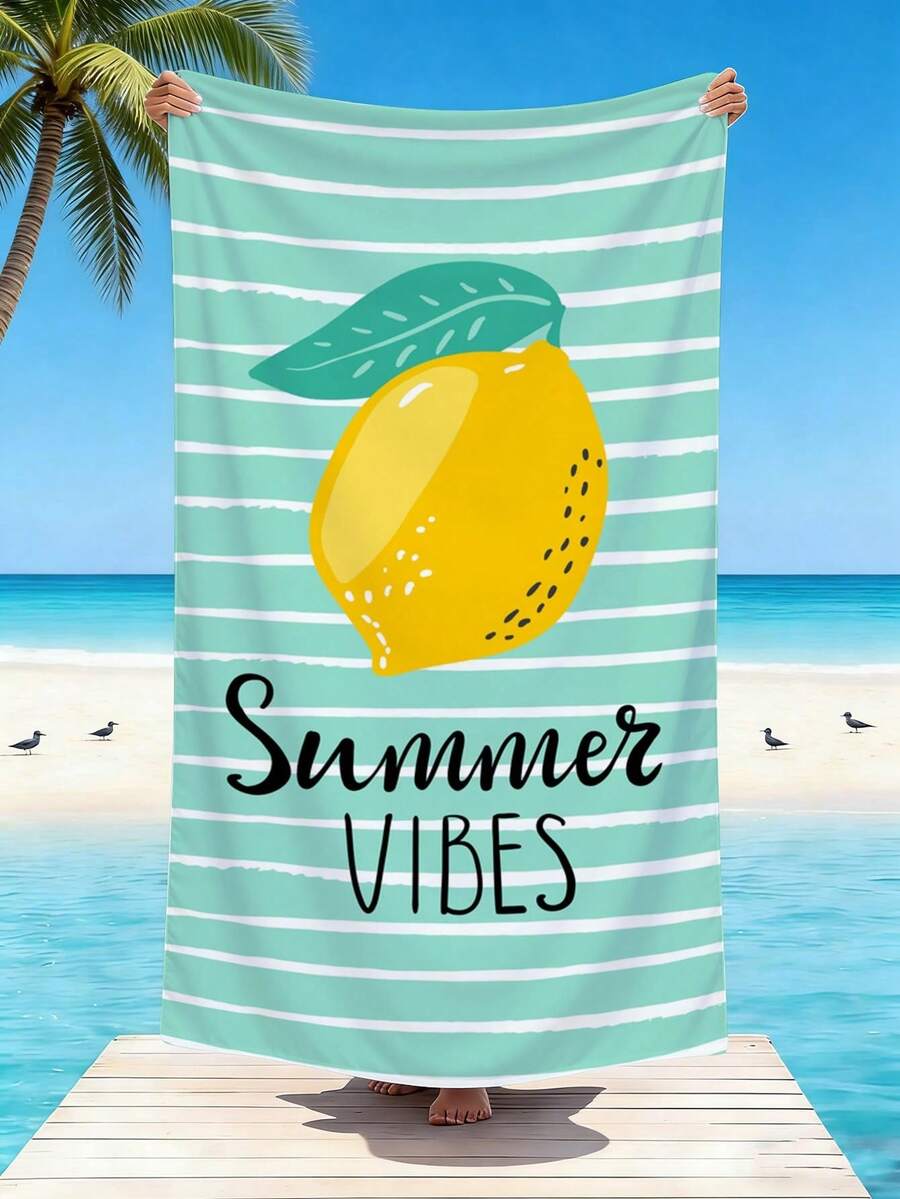 1pc Lemon Stripe Beach Towel, Printed Microfiber Beach Blanket, Available In Multiple Sizes, Lightweight, Suitable For Swimming, Camping, Sports, Beach Or Gym - Lemon Stripes - View 1