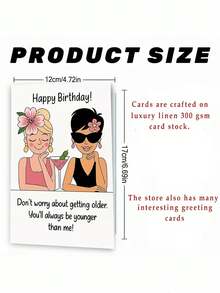 1张俏皮闺蜜“比我小”生日贺卡。包含信封和优质艺术纸。卡通女孩手捧鲜花，戴着时尚眼镜。送给闺蜜的完美生日礼物——轻松愉快的理想贺卡（12厘米/4.7英寸 x 17厘米/6.7英寸） - 棕色信封 - 查看 2