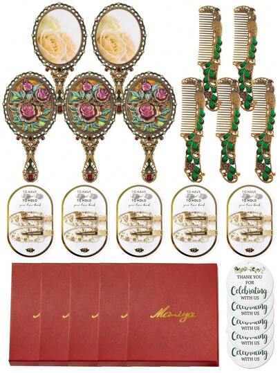 Brodark Set de regalo para propuesta de dama de honor, peine y espejo mini de cristal con rosa vintage, pinza de pelo dorada, recuerdos para despedida de soltera y fiesta nupcial con tarjeta de agradecimiento y bolsa con cordón, regalo para mujeres, niñas, cumpleaños, San Valentín, Día de la Madre, Año Nuevo