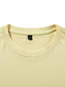 Men's Pale Yellow Ribbed Casual T-Shirt, Stretch Loose Short Sleeve, Commute Camping Beach Fashion Top - Yellow - View 7
