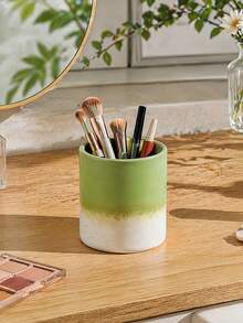 1pc Gradient Green Cosmetic Storage Box, Bathroom Decor Makeup Brush Holder, Suitable For Vanity And Countertop - Gradient Olive Green - View 3